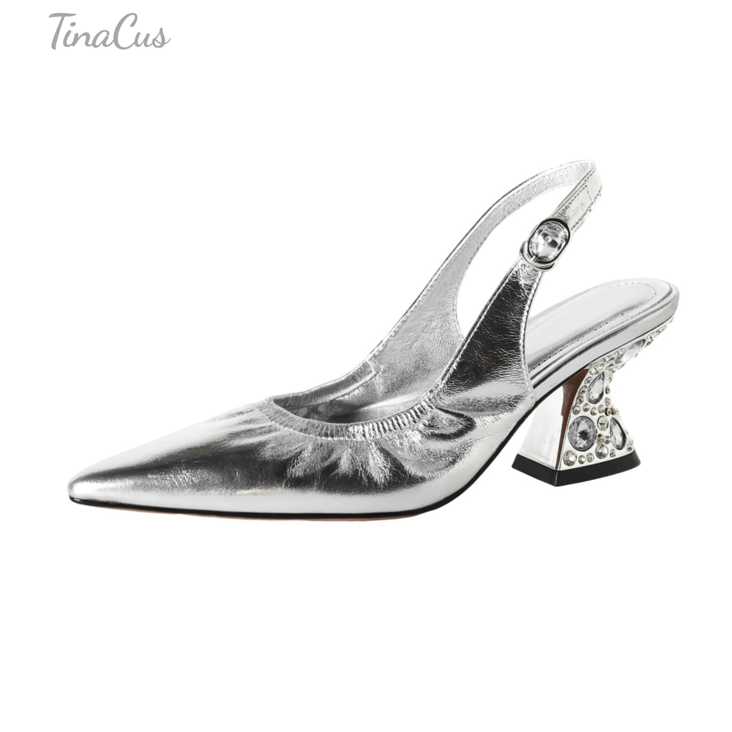 TinaCus Pointed Toe Women's Slingbacks Genuine Leather Rhinestones Chunky Heel Handmade Pumps Shoes with Buckle