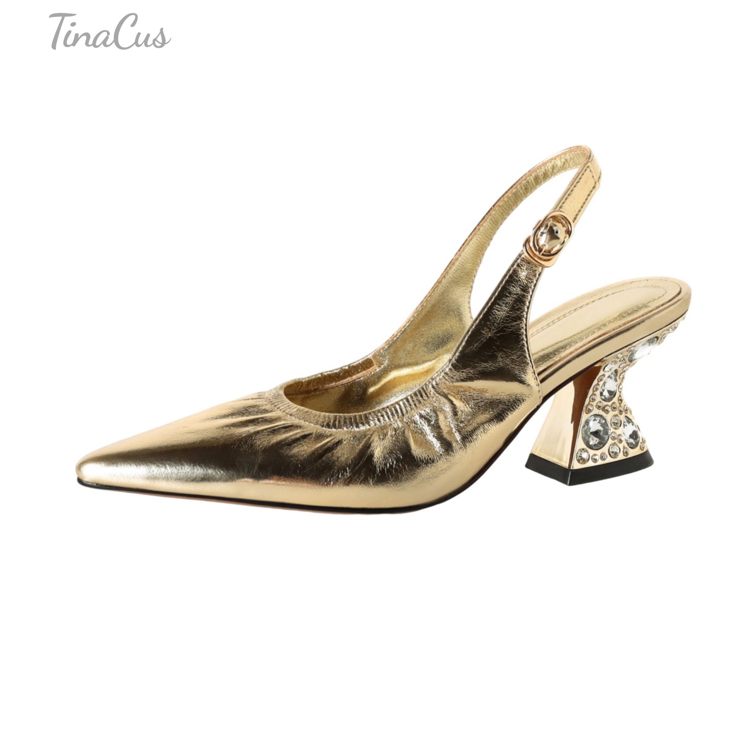 TinaCus Pointed Toe Women's Slingbacks Genuine Leather Rhinestones Chunky Heel Handmade Pumps Shoes with Buckle