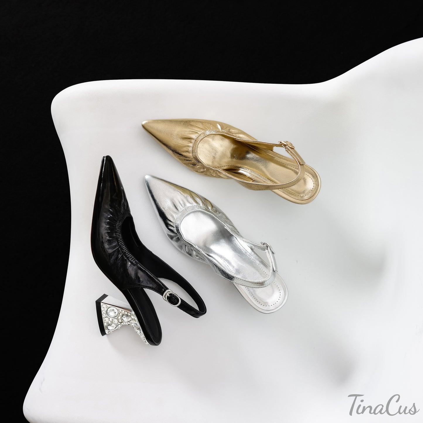 TinaCus Pointed Toe Women's Slingbacks Genuine Leather Rhinestones Chunky Heel Handmade Pumps Shoes with Buckle