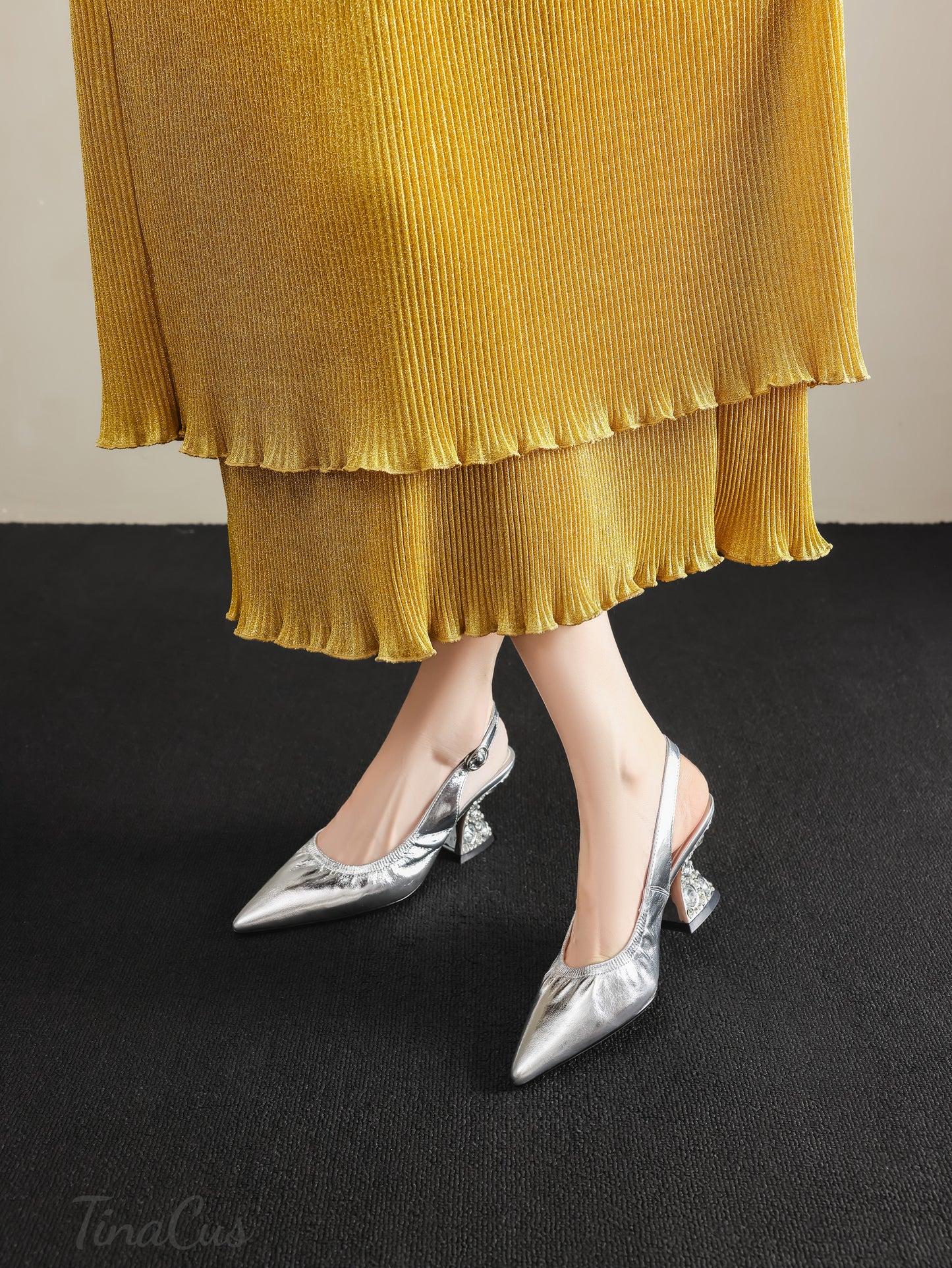 TinaCus Pointed Toe Women's Slingbacks Genuine Leather Rhinestones Chunky Heel Handmade Pumps Shoes with Buckle