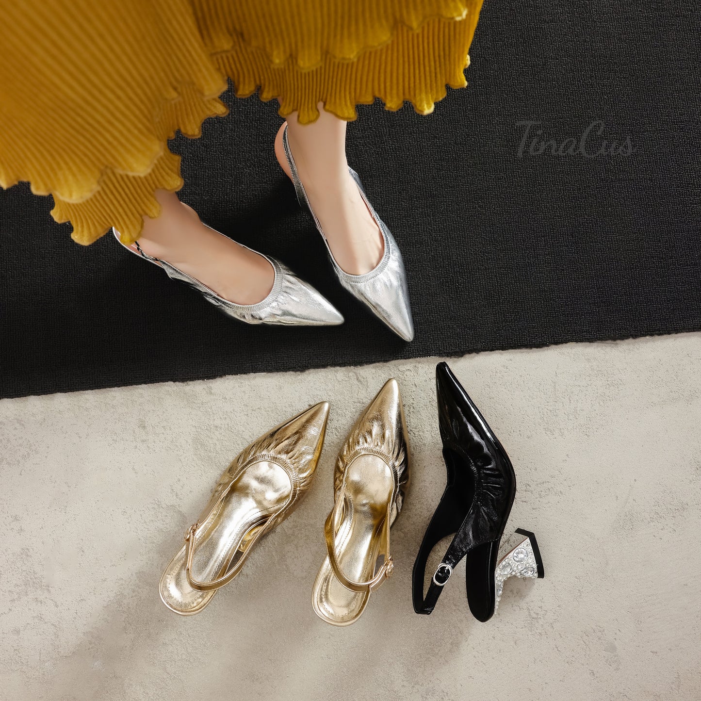 TinaCus Pointed Toe Women's Slingbacks Genuine Leather Rhinestones Chunky Heel Handmade Pumps Shoes with Buckle