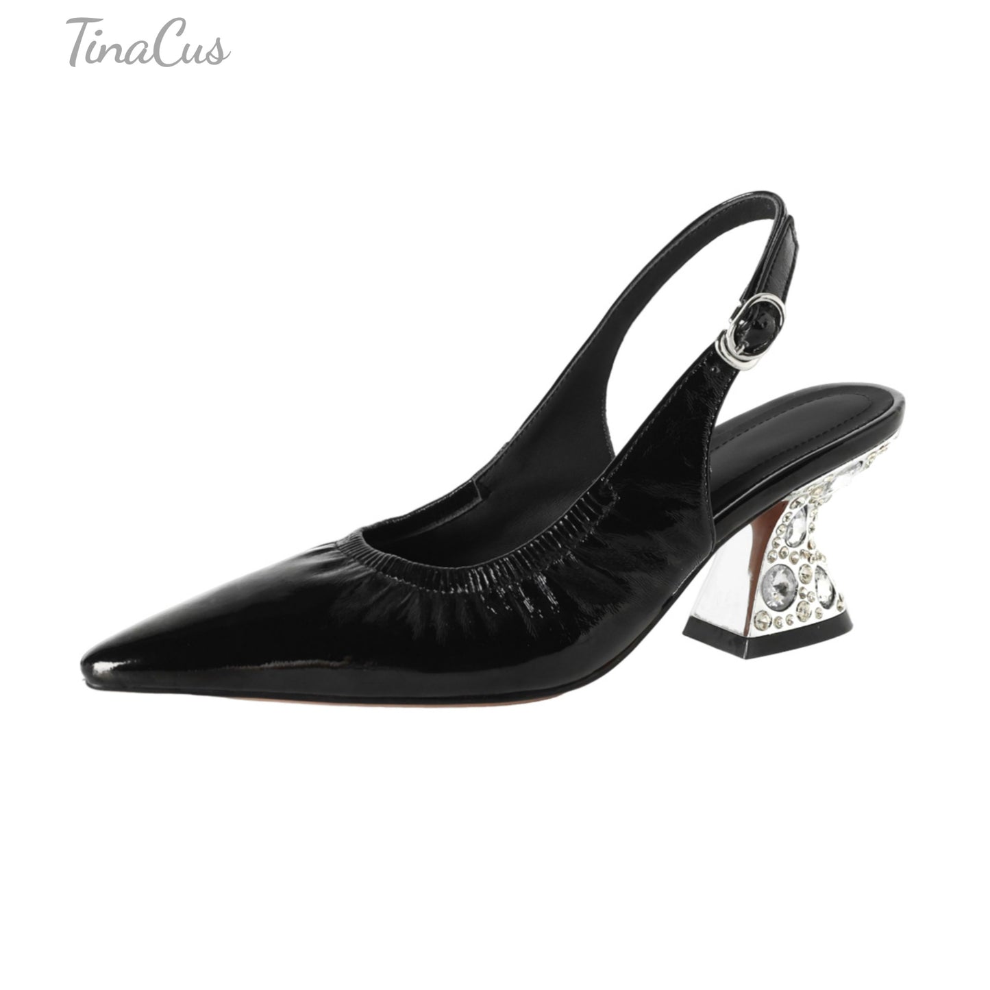 TinaCus Pointed Toe Women's Slingbacks Genuine Leather Rhinestones Chunky Heel Handmade Pumps Shoes with Buckle