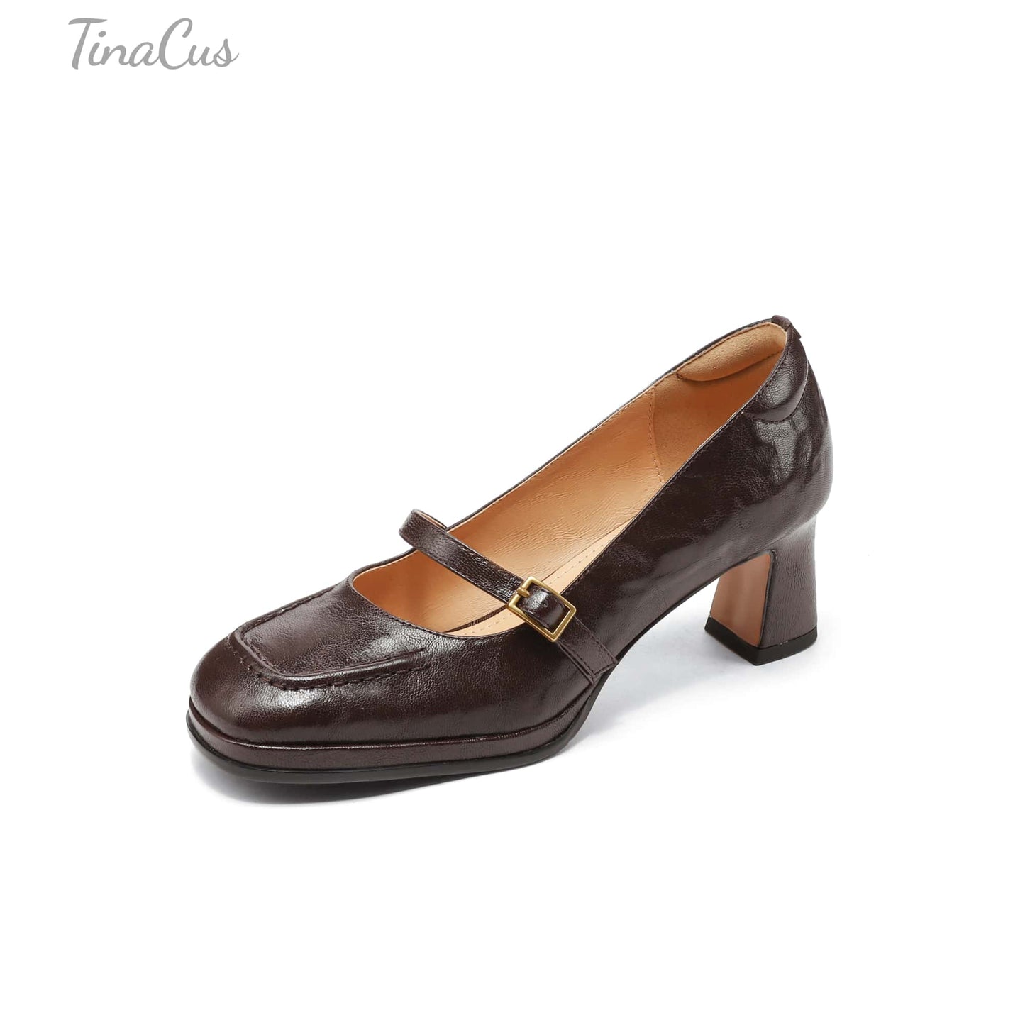 TinaCus Handmade Women's Genuine Leather Square Toe Mid Block Heel Mary Jane Shoes