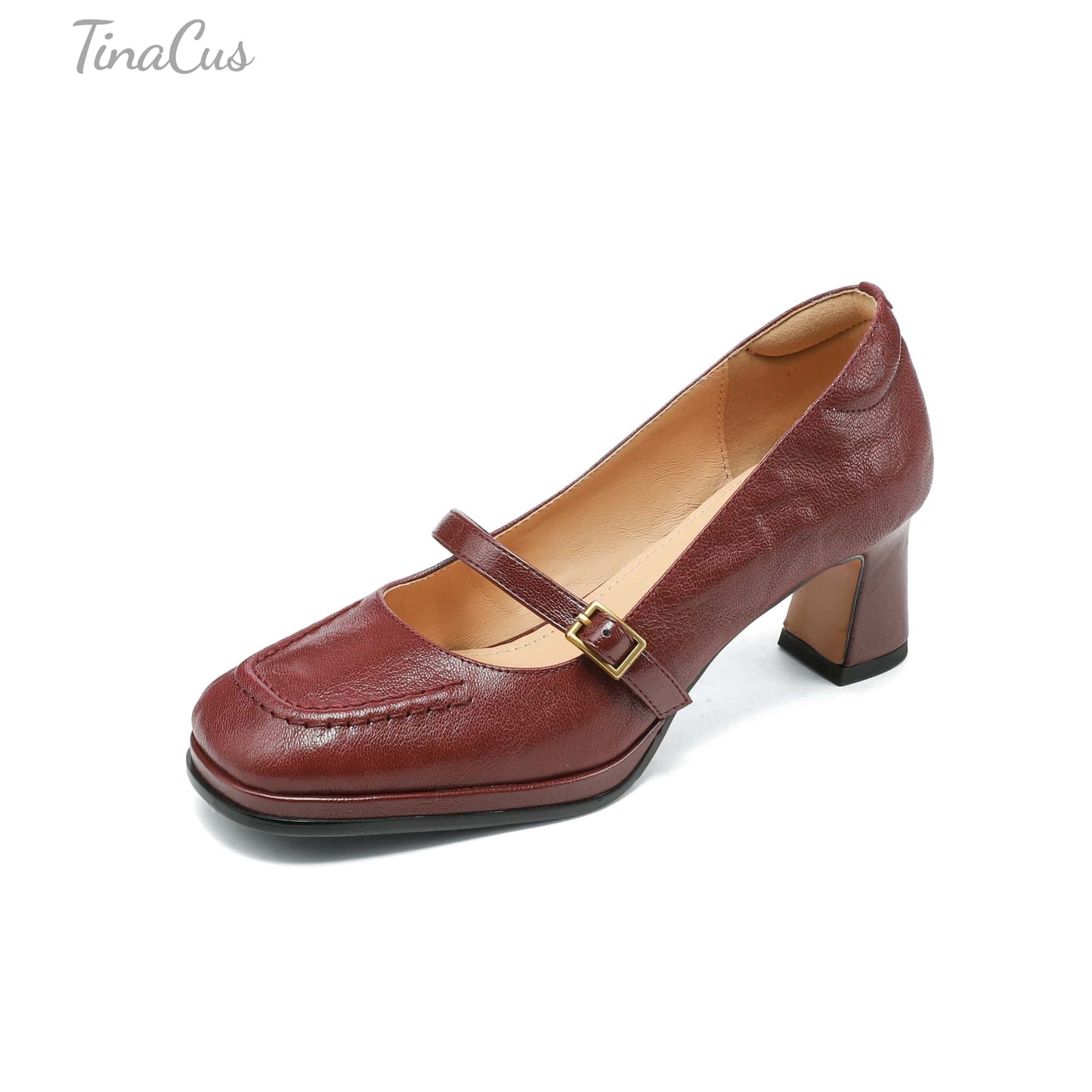 TinaCus Handmade Women's Genuine Leather Square Toe Mid Block Heel Mary Jane Shoes