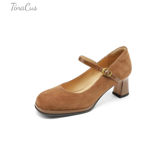 TinaCus Handmade Women's Suede Leather Closed Square Toe Block Heel Dressy Mary Jane Shoes