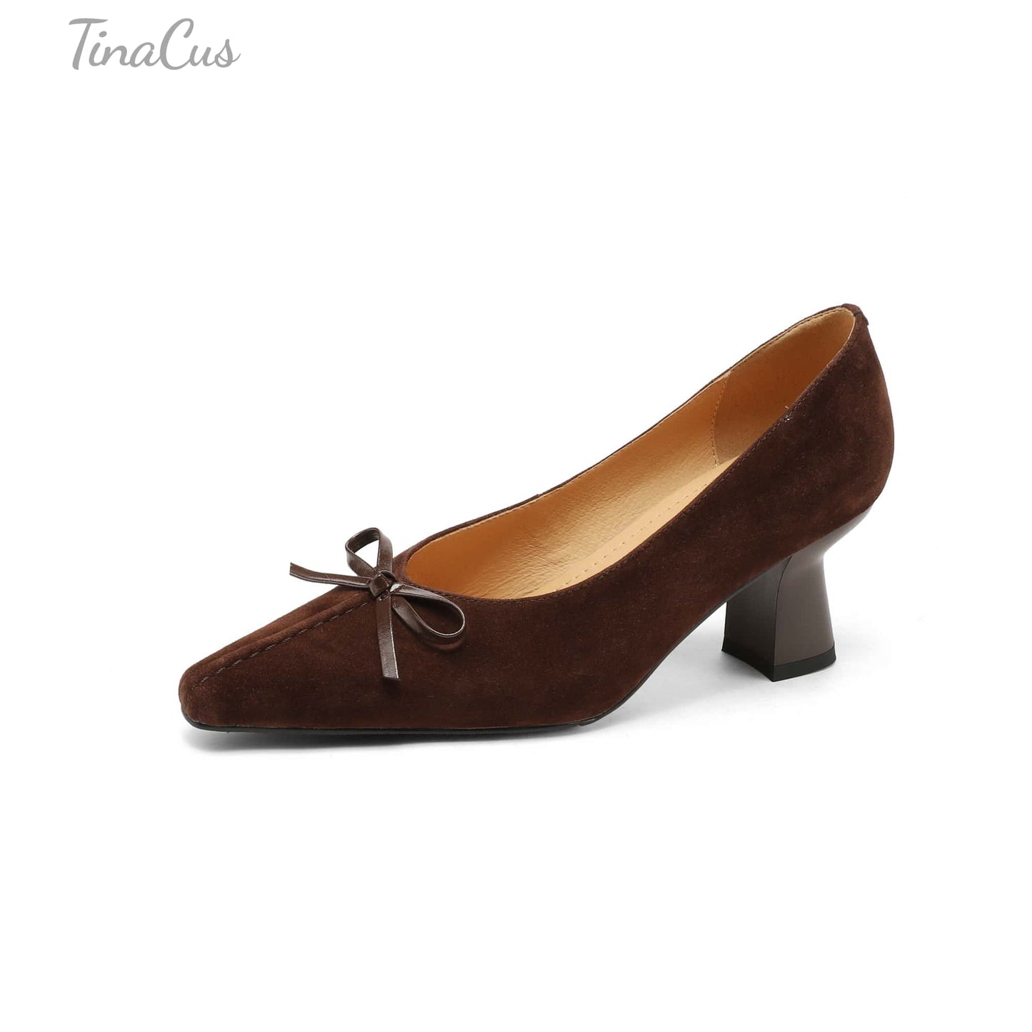 TinaCus Handmade Women's Suede Leather Pointed Toe Bowknot Slip on Chunky Heel Pumps Shoes