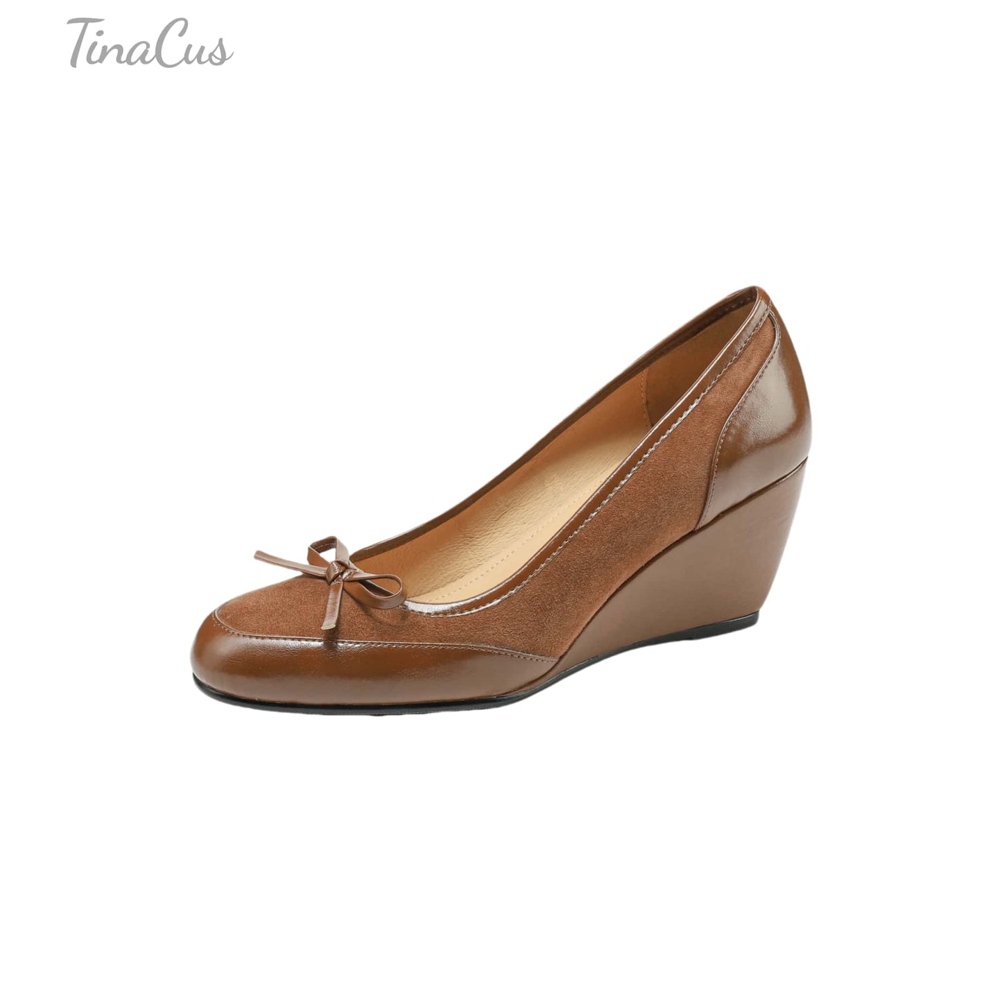 TinaCus Handmade Women's Suede Leather Round Toe Slip On Mid Wedge Heel Pumps Shoes