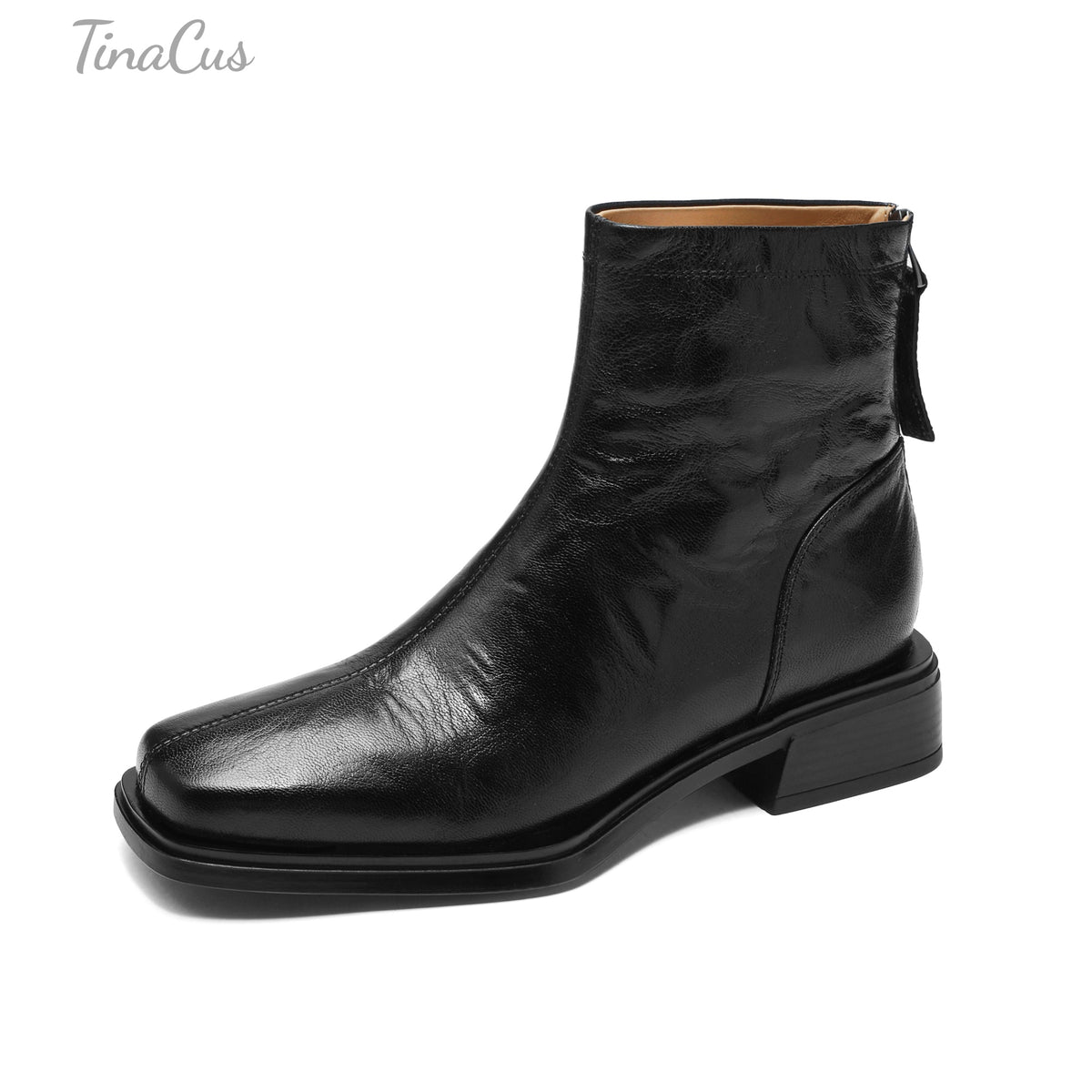 TinaCus Women's Genuine Leather Square Toe Back Zipper Ankle Booties