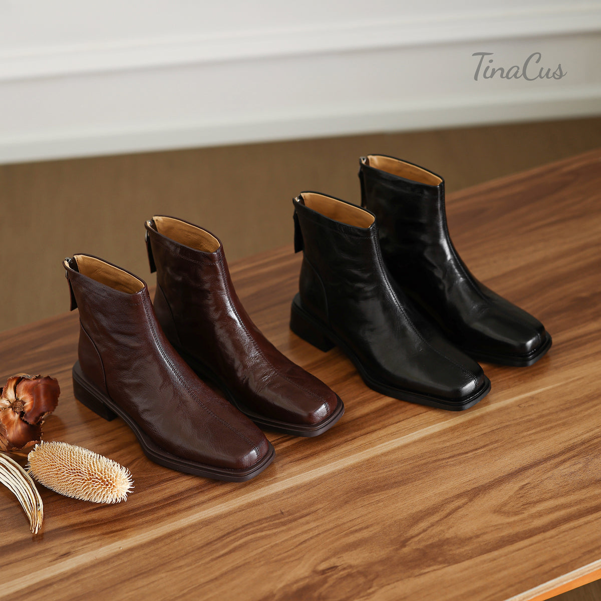 TinaCus Women's Genuine Leather Square Toe Back Zipper Ankle Booties