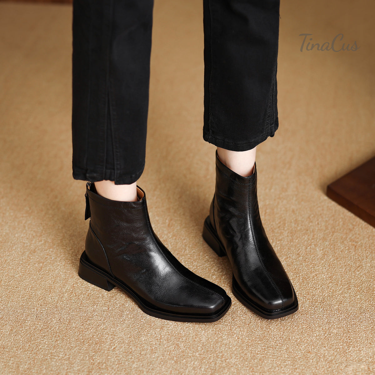 TinaCus Women's Genuine Leather Square Toe Back Zipper Ankle Booties