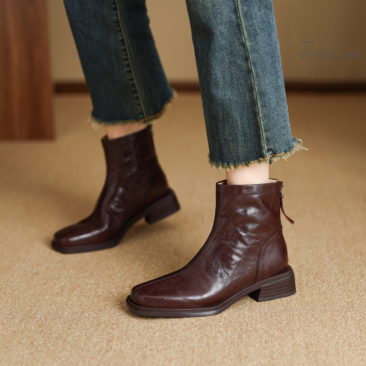 TinaCus Women's Genuine Leather Square Toe Back Zipper Ankle Booties