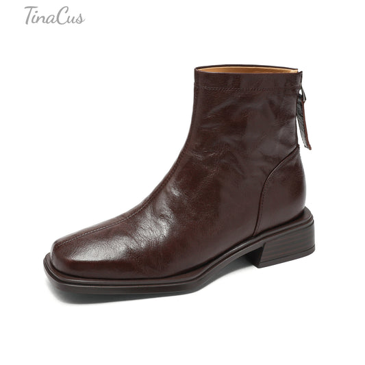 TinaCus Women's Genuine Leather Square Toe Back Zipper Ankle Booties