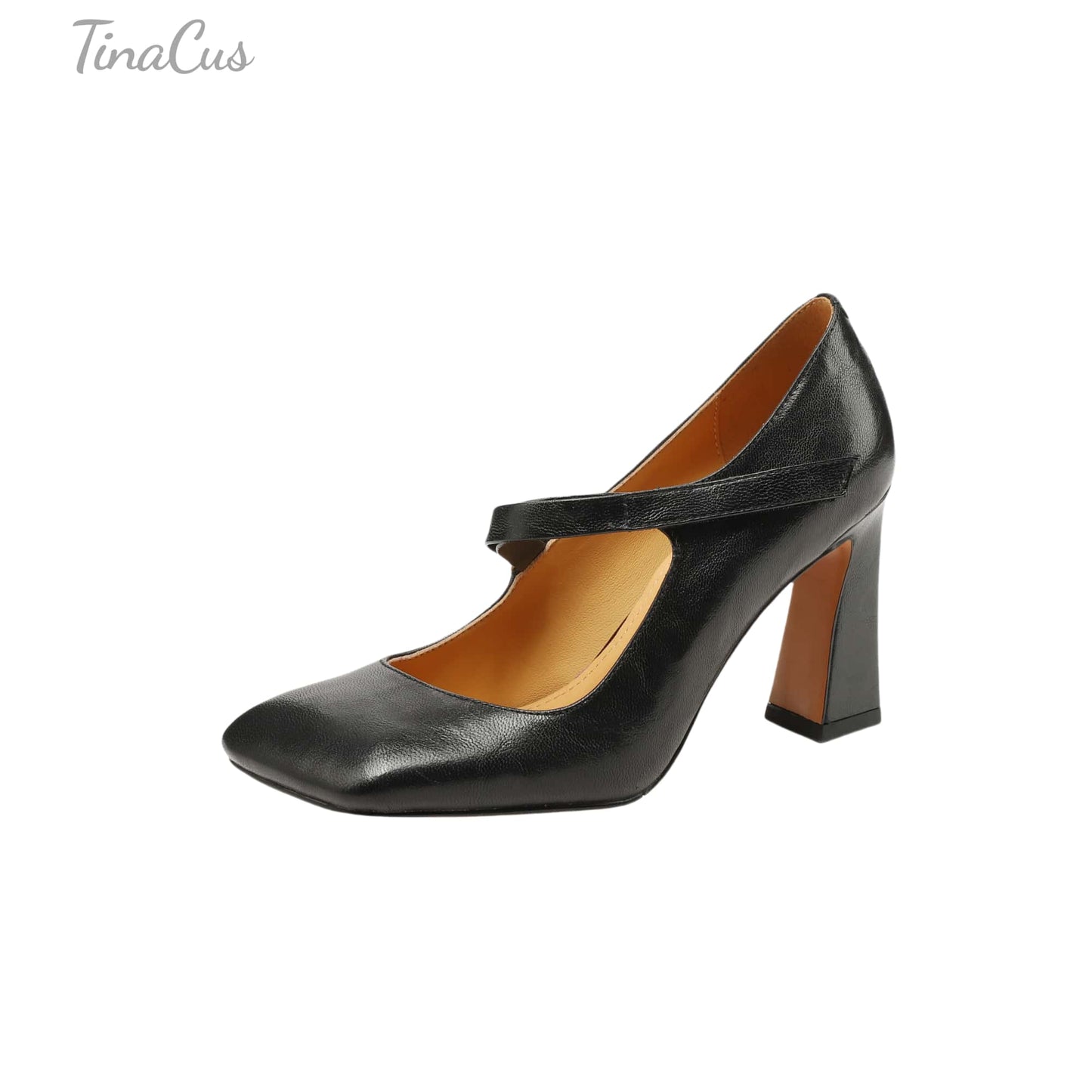 TinaCus Handmade Women's Genuine Leather Square Toe High Block Heel Slip On Mary Jane Pumps