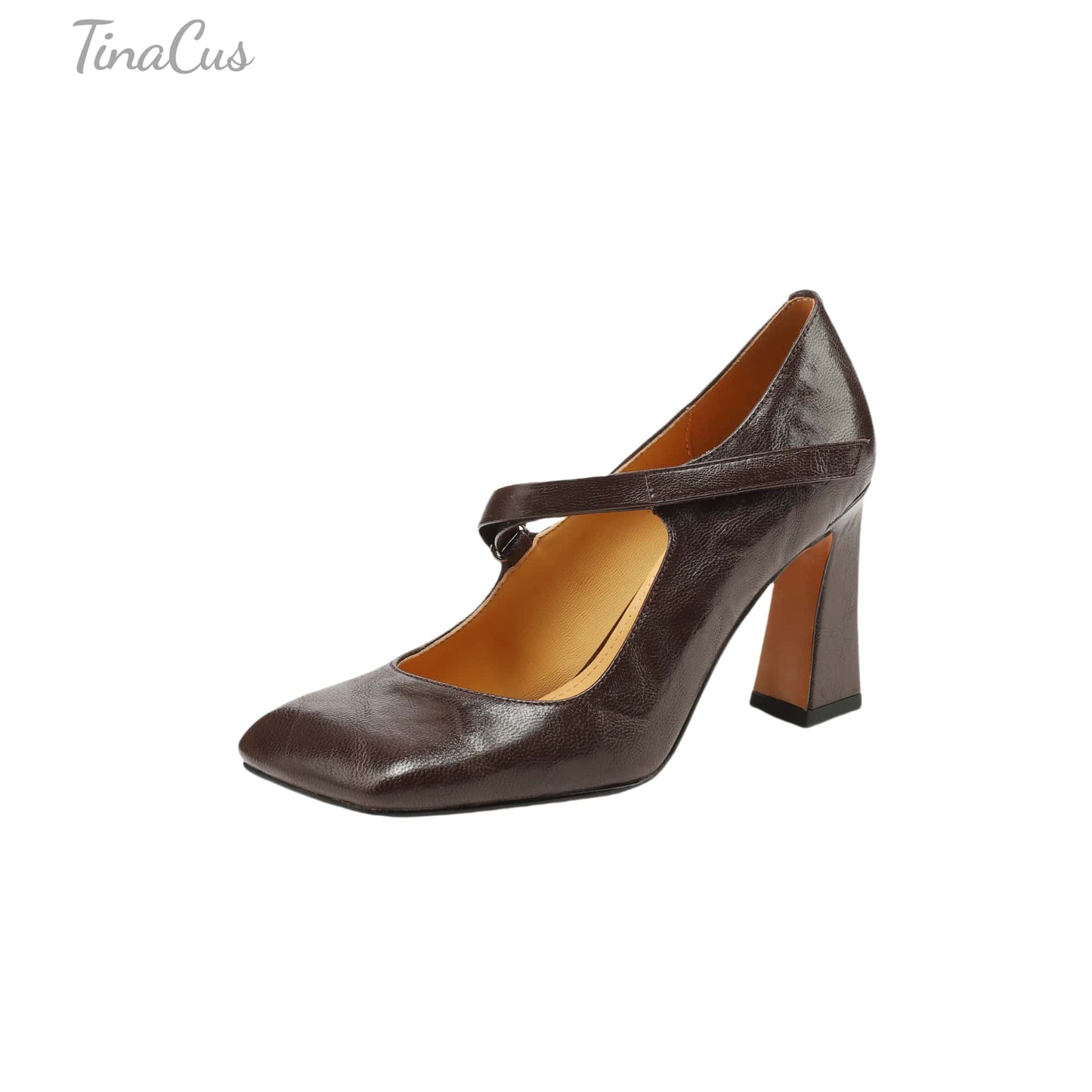 TinaCus Handmade Women's Genuine Leather Square Toe High Block Heel Slip On Mary Jane Pumps