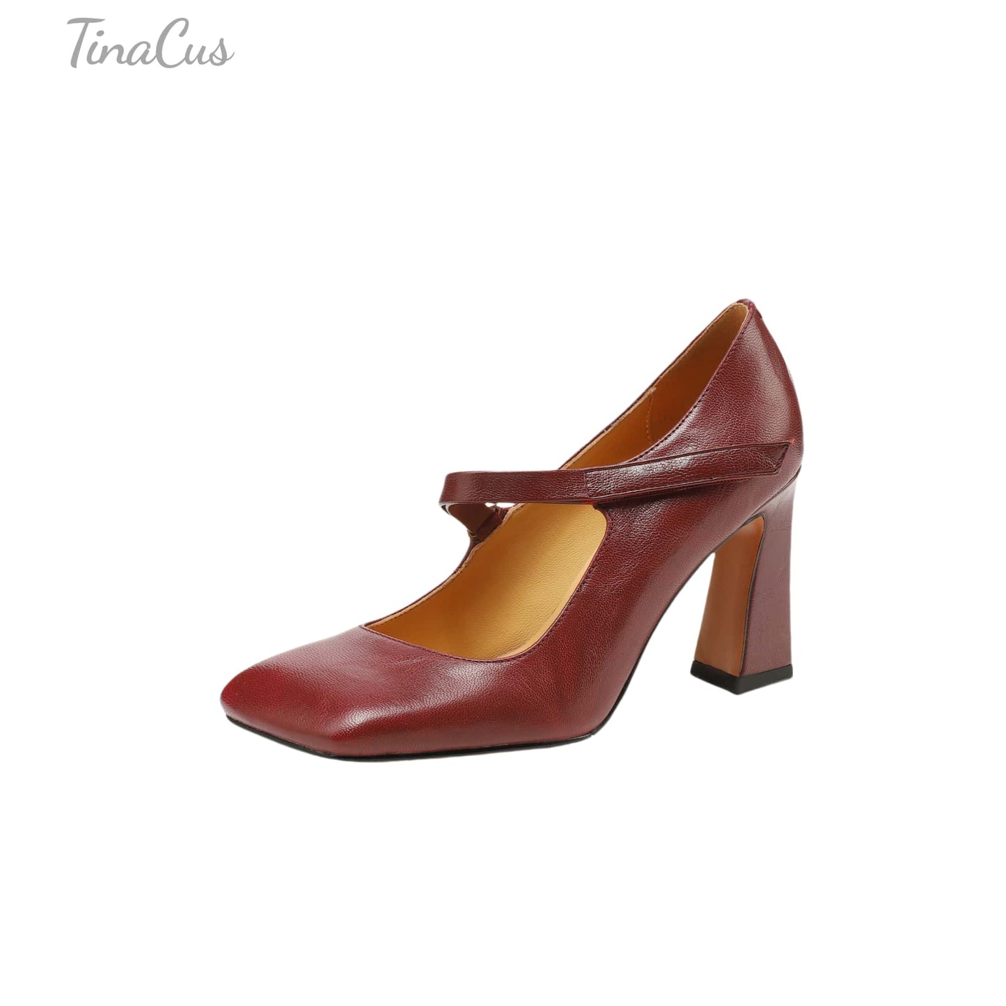 TinaCus Handmade Women's Genuine Leather Square Toe High Block Heel Slip On Mary Jane Pumps