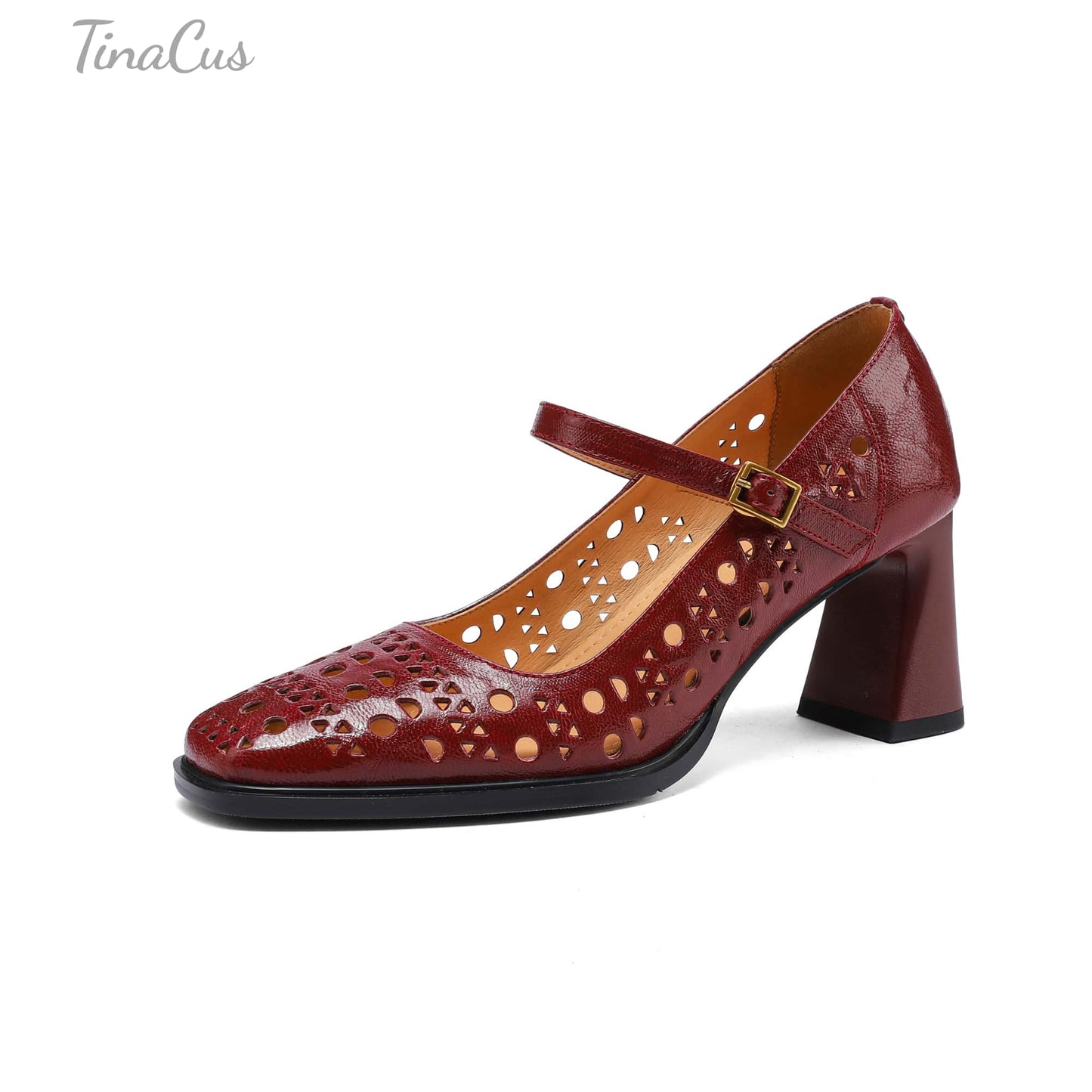 TinaCus Handmade Women's Genuine Leather Breathable Square Toe Mary Jane Pumps Shoes