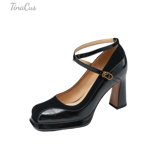 TinaCus Handmade Women's Genuine Leather Ankle Strap Patchwork Square Toe Pumps