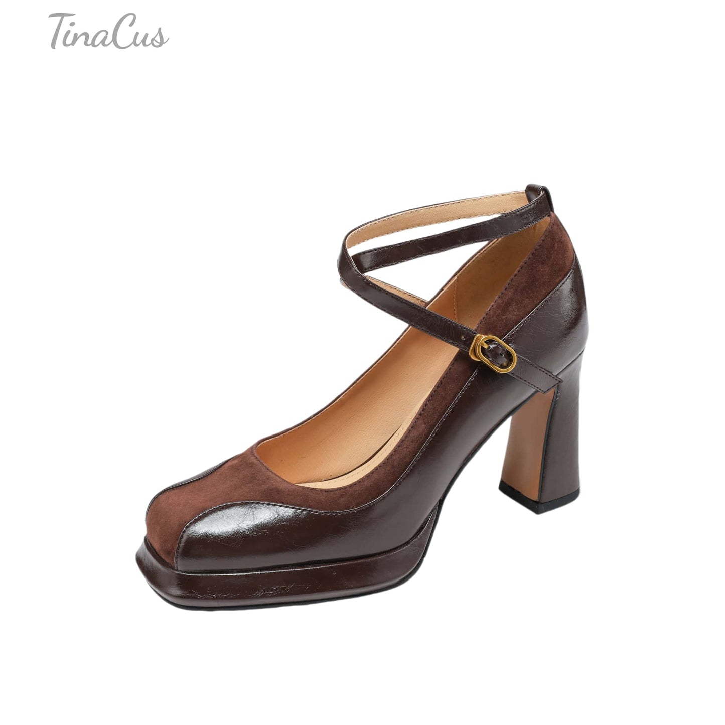 TinaCus Handmade Women's Genuine Leather Ankle Strap Patchwork Square Toe Pumps