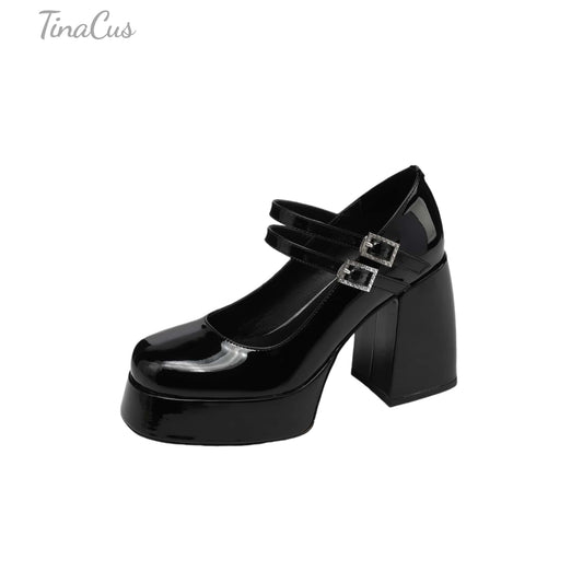 TinaCus Handmade Women's Patent/Suede Leather Double Buckle Square Toe High Block Heel Pumps
