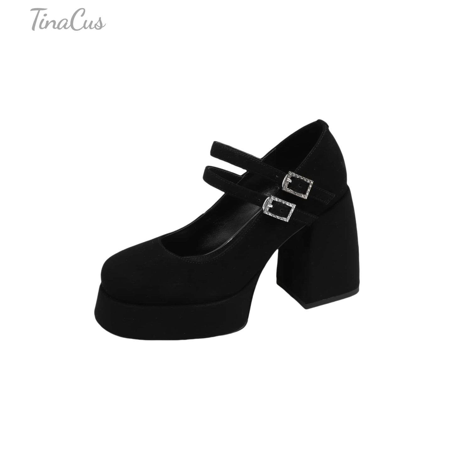 TinaCus Handmade Women's Patent/Suede Leather Double Buckle Square Toe High Block Heel Pumps