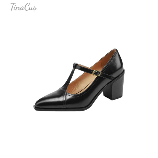 TinaCus Handmade Women's Genuine Leather T-Strap Buckle Pointed Toe Mary Jane Pumps Shoes
