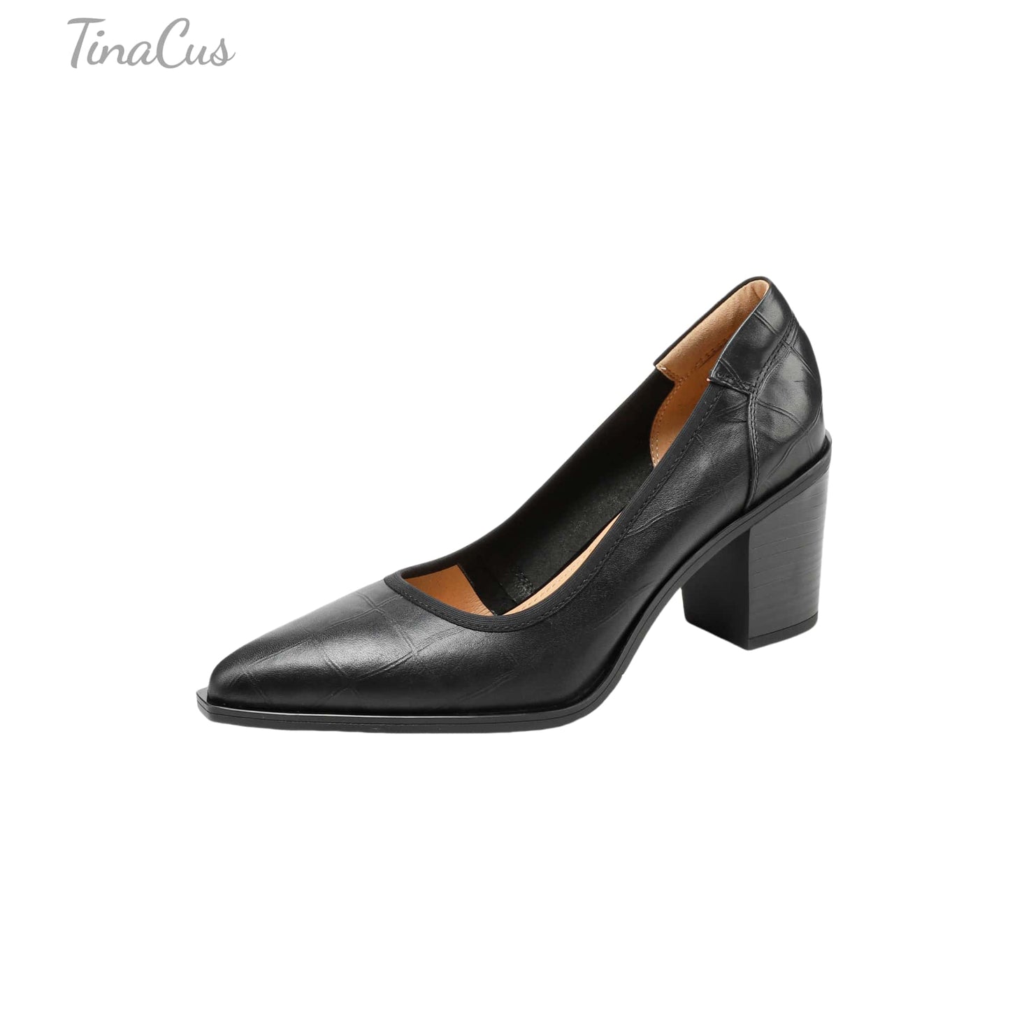 TinaCus Handmade Women's Genuine Leather Classic Pointed Toe Chunky Heel Pumps Shoes