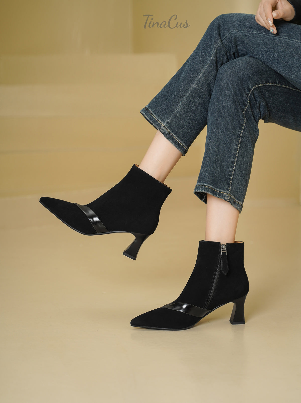 TinaCus Women's Pointed Toe Suede Leather Flare Heel Side Zipper Ankle Booties