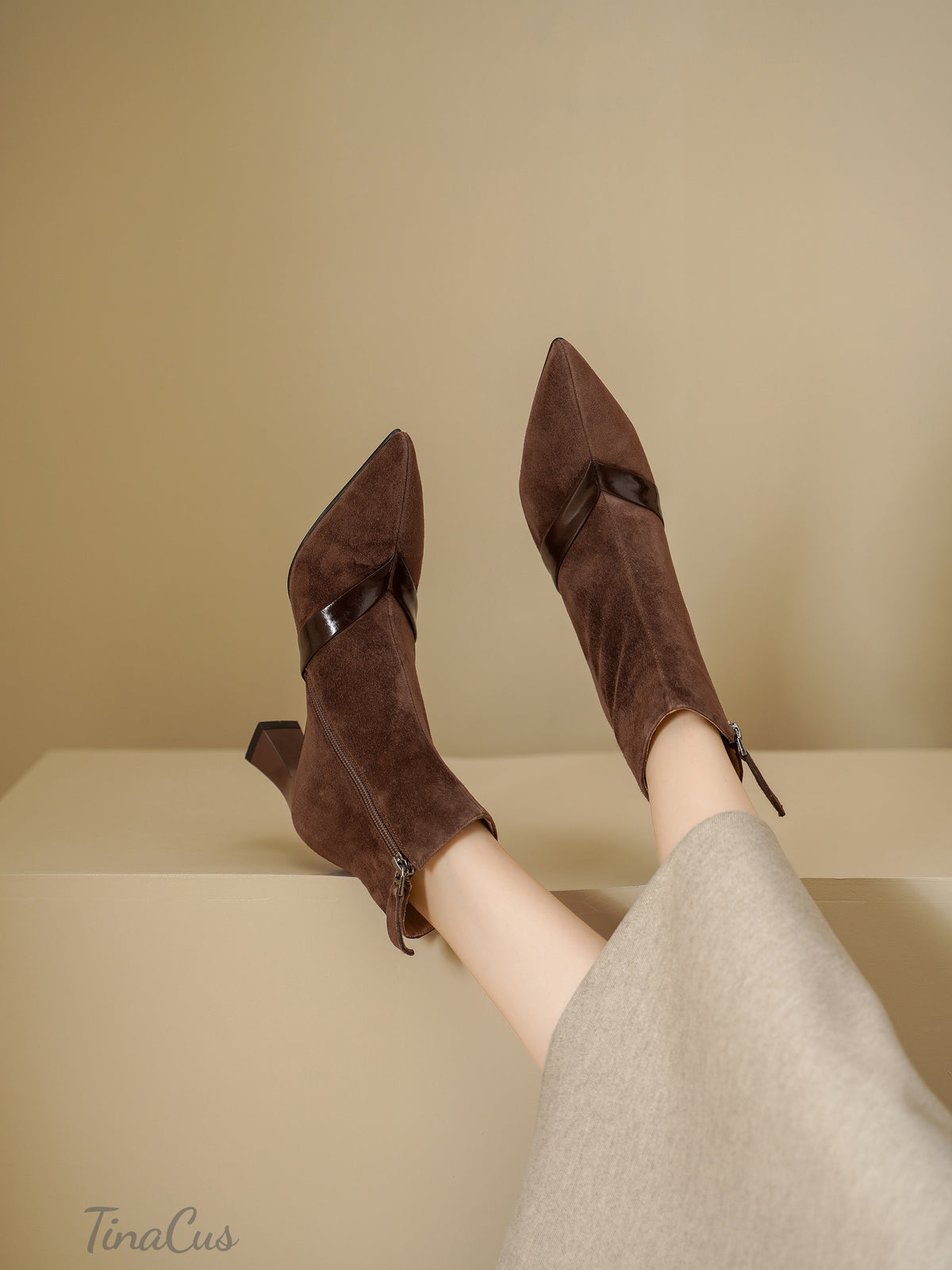 TinaCus Women's Pointed Toe Suede Leather Flare Heel Side Zipper Ankle Booties