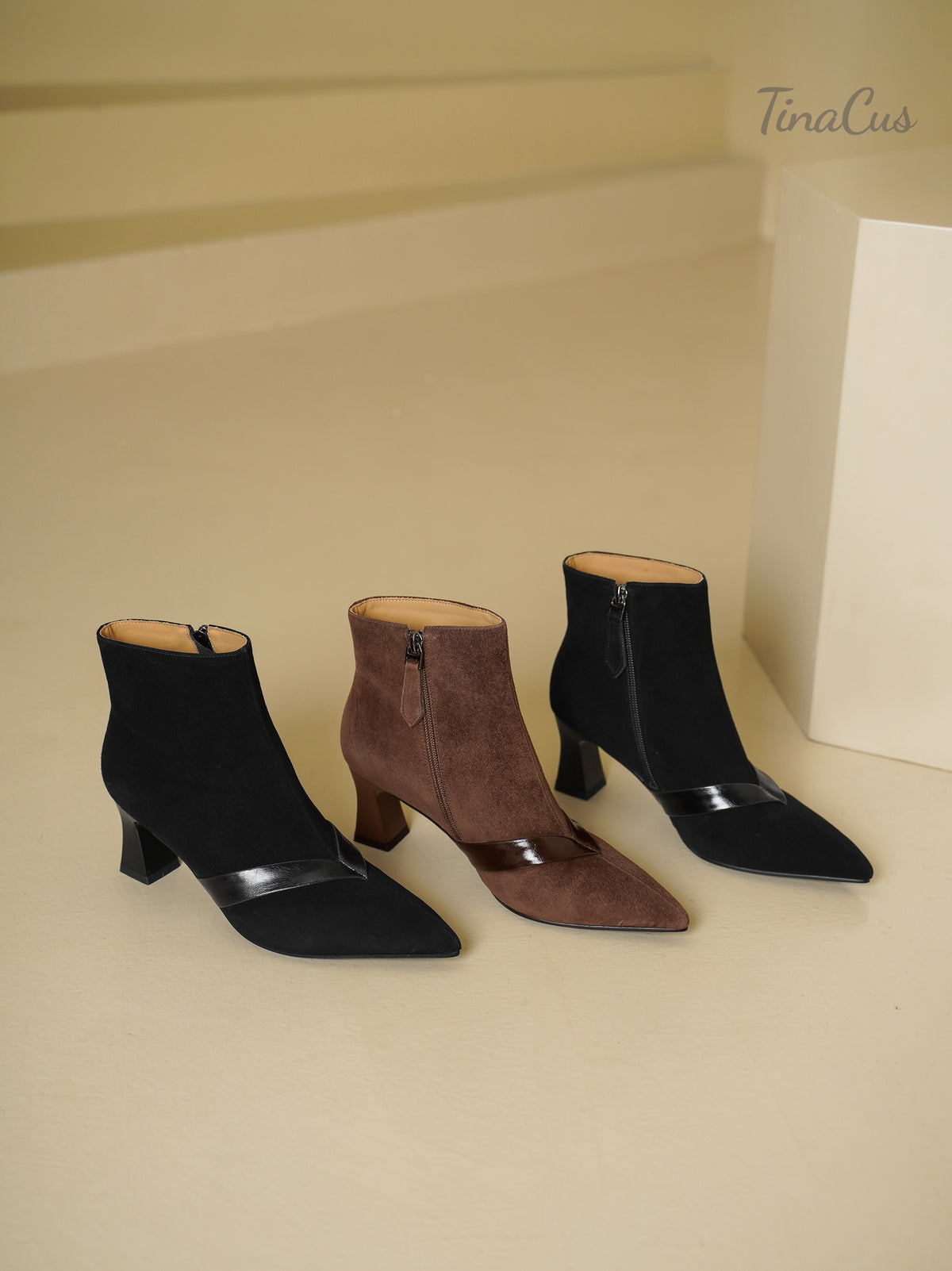TinaCus Women's Pointed Toe Suede Leather Flare Heel Side Zipper Ankle Booties
