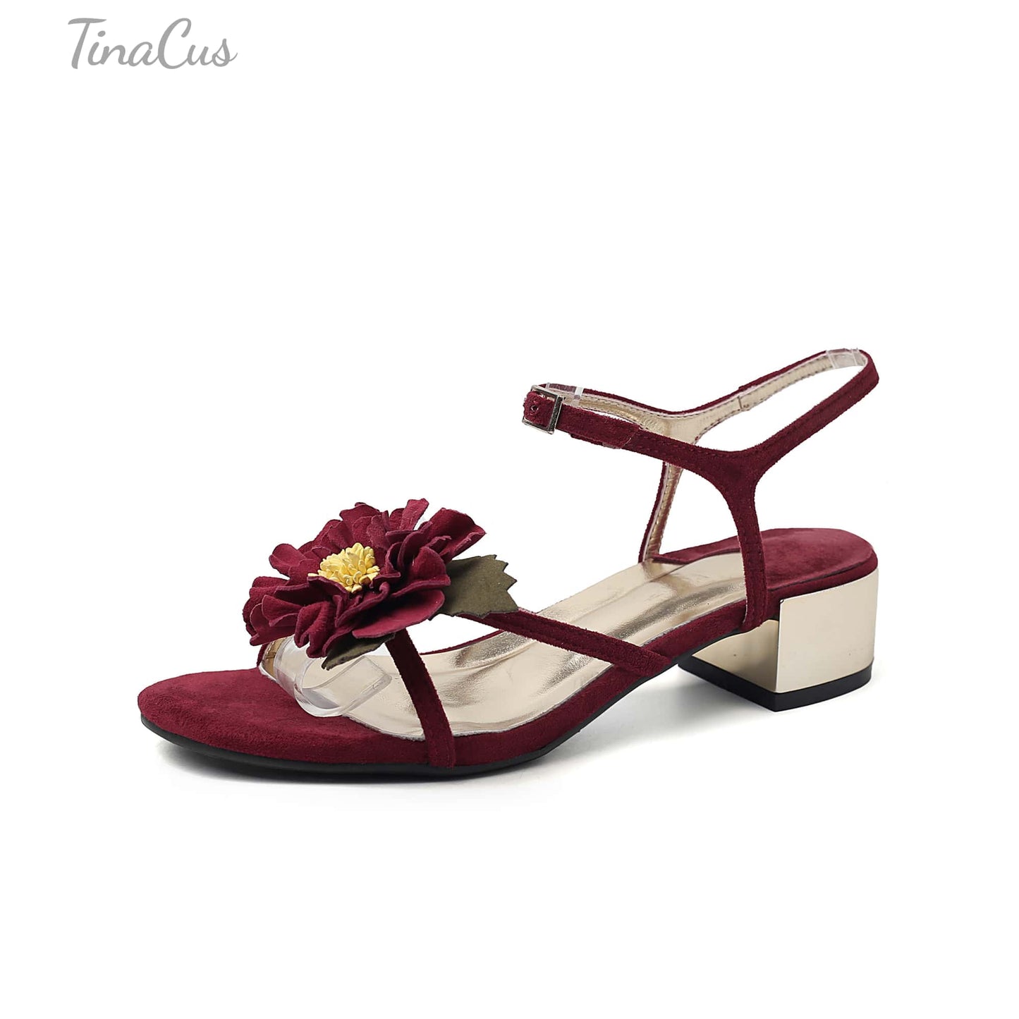 TinaCus Women's Leather Sandals Handmade Floral Chunky Heel Dress Pumps Daily Party