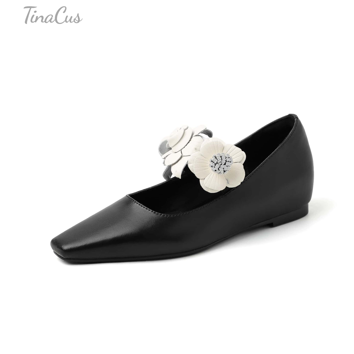 TinaCus Women's Leather Ballet Shoes Handmade Square Toe Flowers Slip On Pumps Casual Dress Party