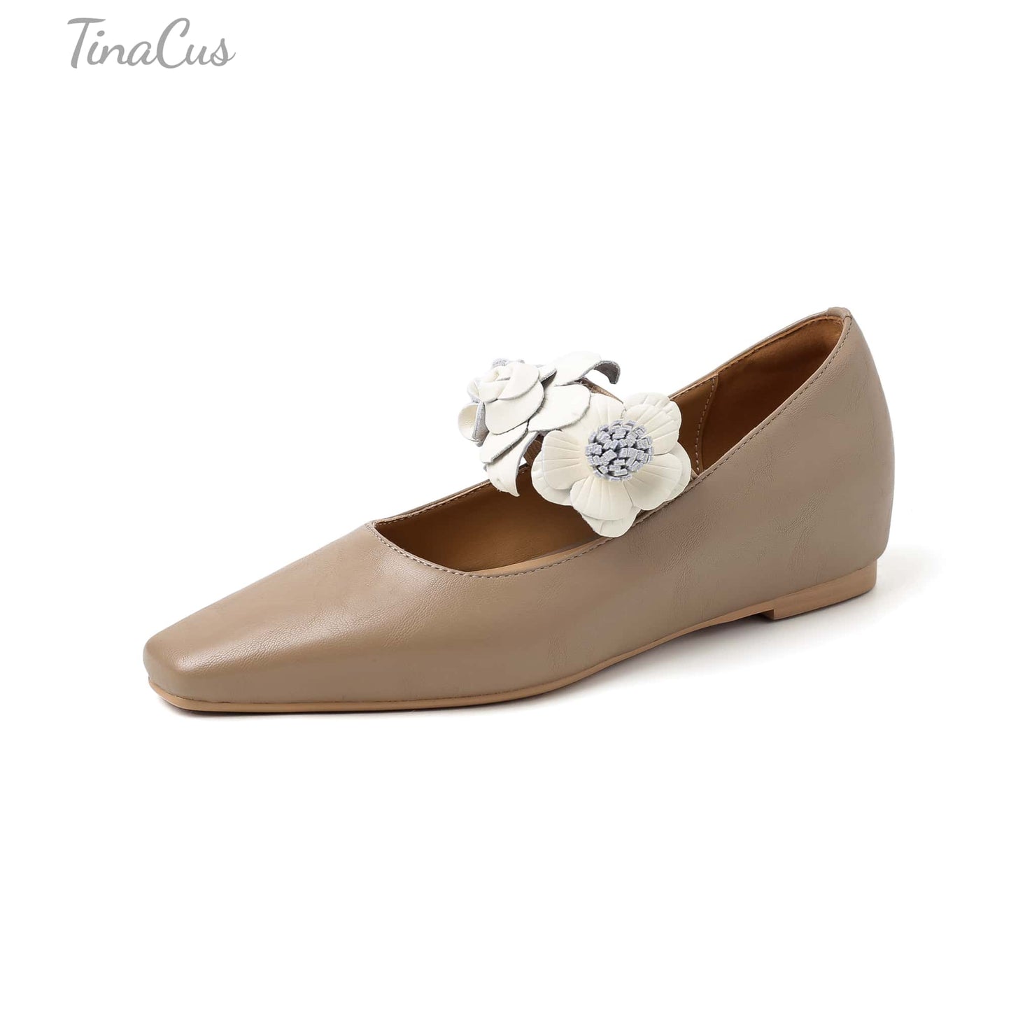 TinaCus Women's Leather Ballet Shoes Handmade Square Toe Flowers Slip On Pumps Casual Dress Party