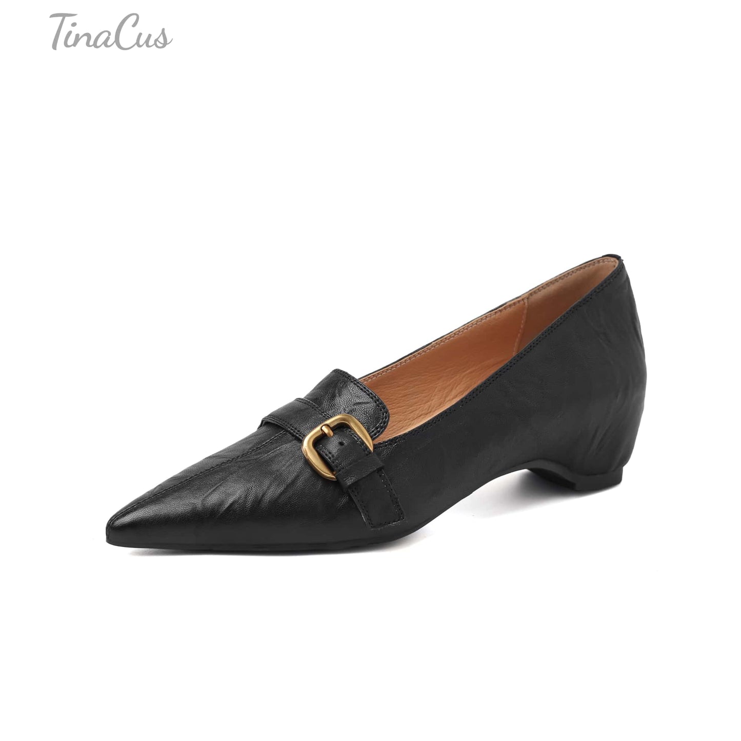 TinaCus Handmade Women's Genuine Leather Pointed Toe Decor Buckle Wedge Heel Office Dress Loafer Shoes