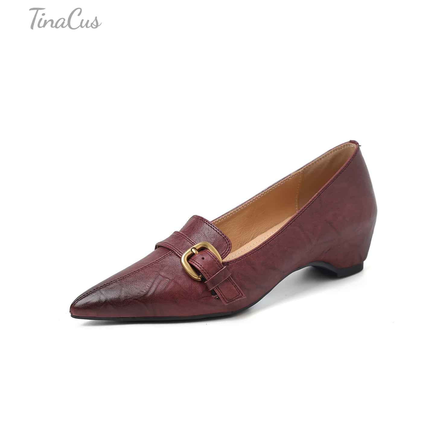 TinaCus Handmade Women's Genuine Leather Pointed Toe Decor Buckle Wedge Heel Office Dress Loafer Shoes