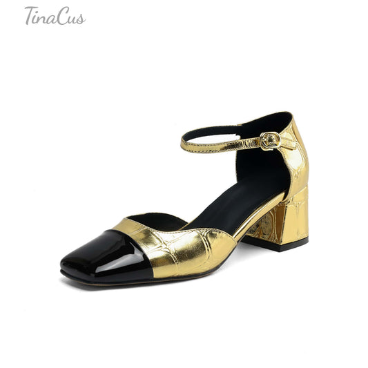 TinaCus Women's Ankle Strap Mary Jane Shoes Genuine Leather Handmade Cap-Toe Block Heel Dressy Pumps