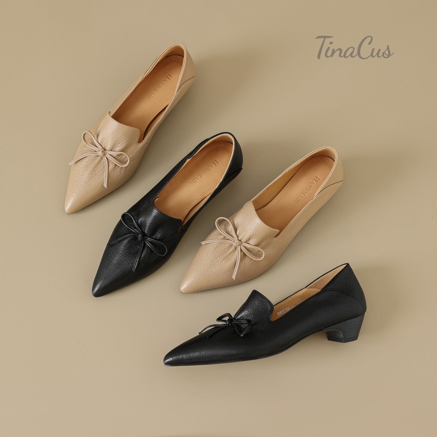 TinaCus Women's Cute Bowtie Handmade Pointed Toe Genuine Leather Slip On Low Heels Shoes