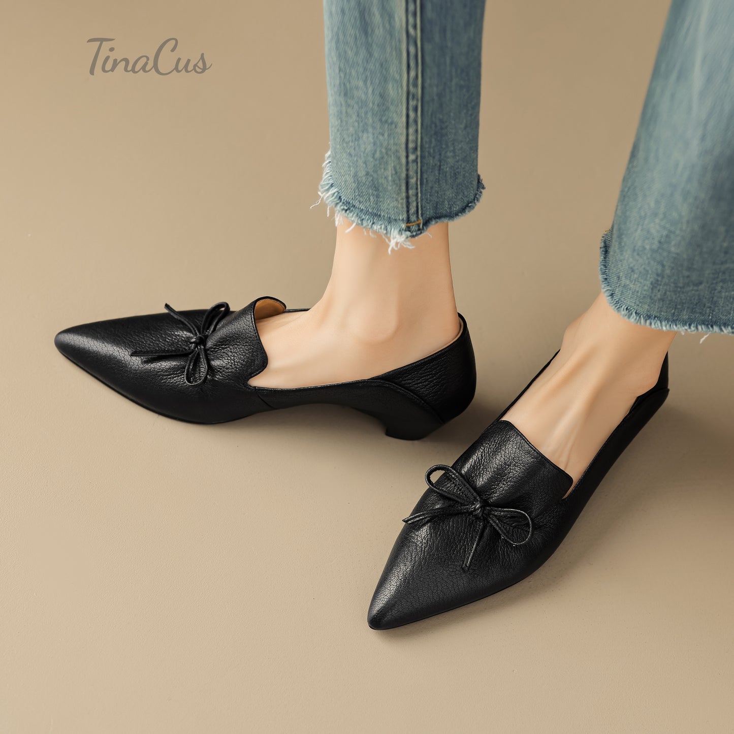 TinaCus Women's Cute Bowtie Handmade Pointed Toe Genuine Leather Slip On Low Heels Shoes