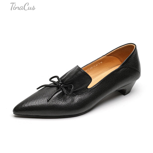 TinaCus Women's Cute Bowtie Handmade Pointed Toe Genuine Leather Slip On Low Heels Shoes