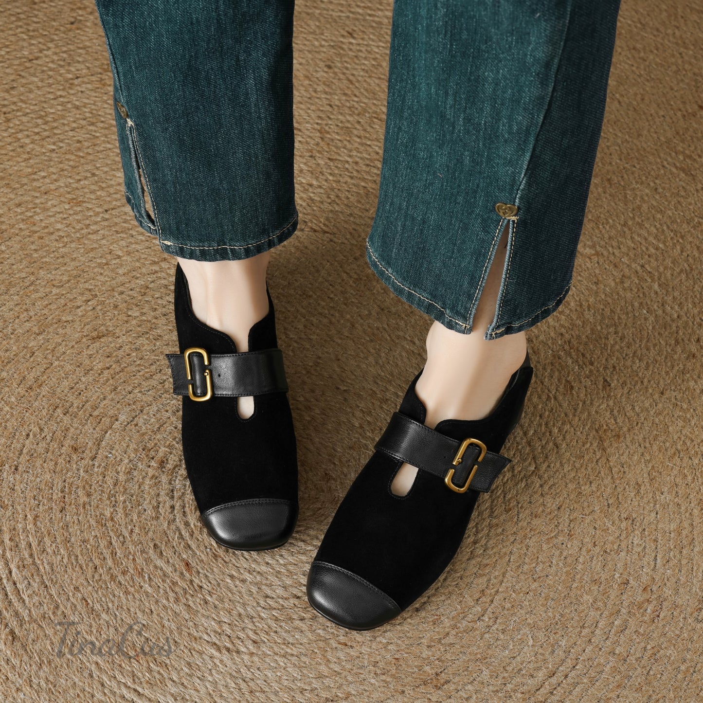 TinaCus Women's Cap Toe Suede & Genuine Leather Handmade Strap Buckle Low Heels Loafers Shoes