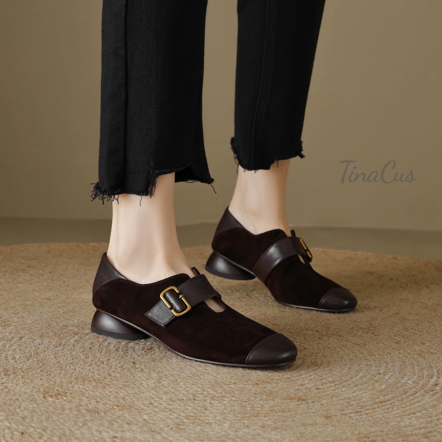 TinaCus Women's Cap Toe Suede & Genuine Leather Handmade Strap Buckle Low Heels Loafers Shoes