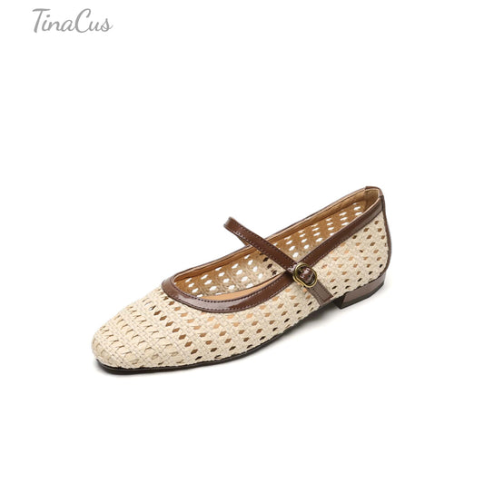 TinaCus Handmade Women's Genuine Leather Woven Hollow-Out Round Toe Buckle Straps Mary Jane Flats