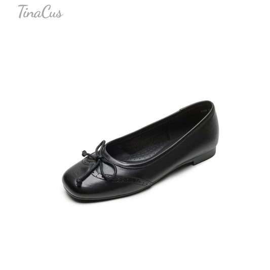 TinaCus Handmade Women's Genuine Leather Square Toe Baroque Ballet Flats with Bowtie