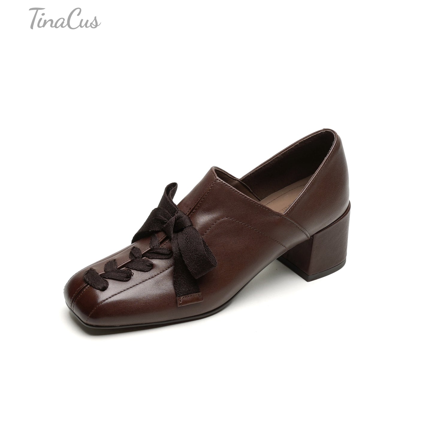 TinaCus Women's Square Toe Slip on Loafers Shoes Handmade Bowknot Chunky Heels Cute Pumps