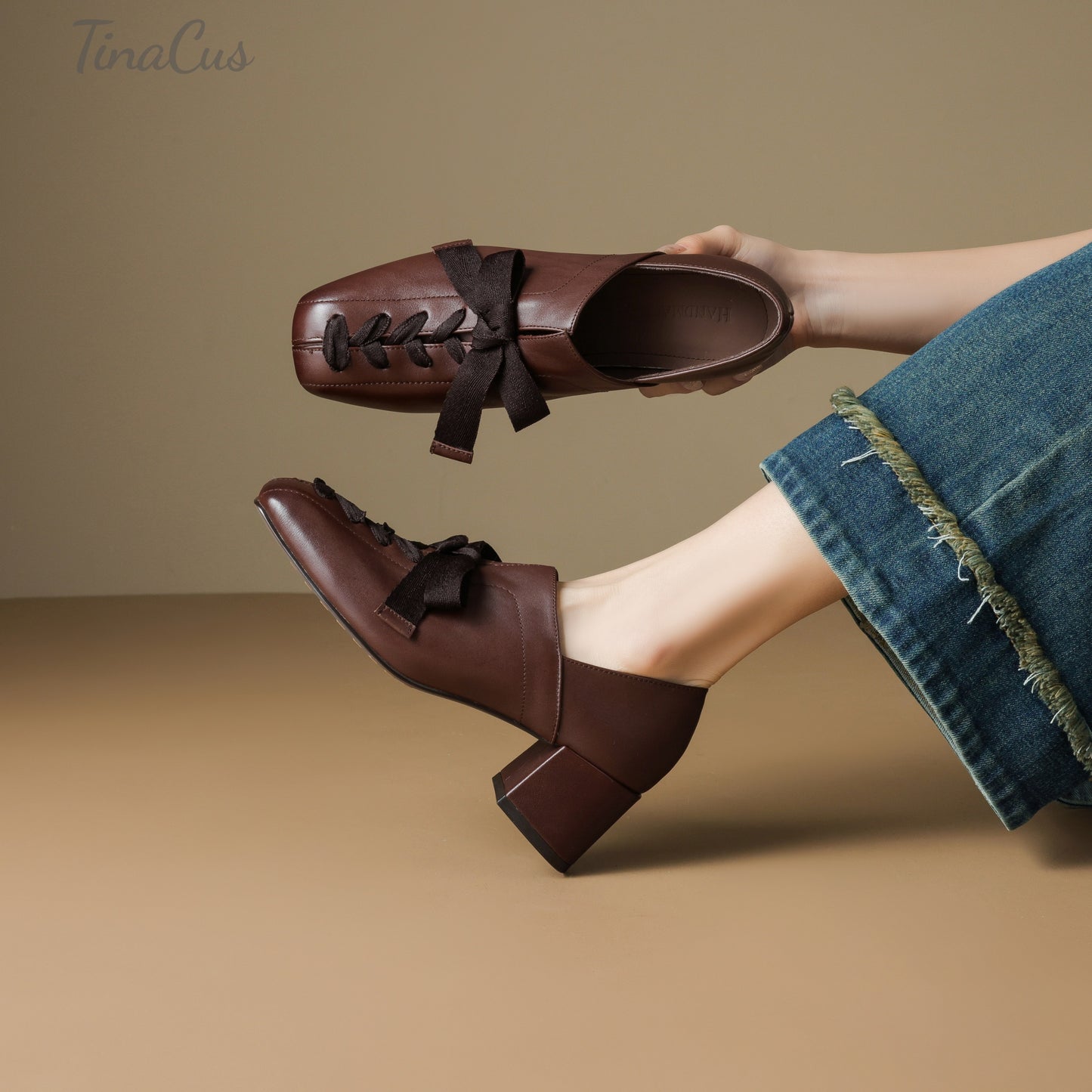 TinaCus Women's Square Toe Slip on Loafers Shoes Handmade Bowknot Chunky Heels Cute Pumps