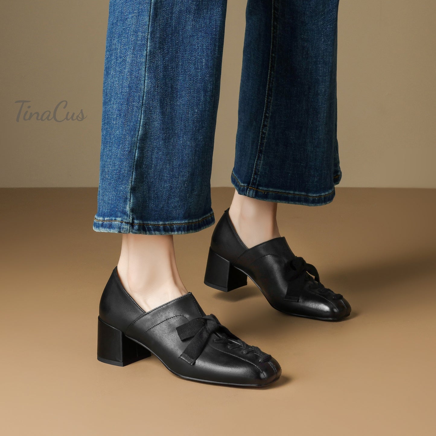 TinaCus Women's Square Toe Slip on Loafers Shoes Handmade Bowknot Chunky Heels Cute Pumps