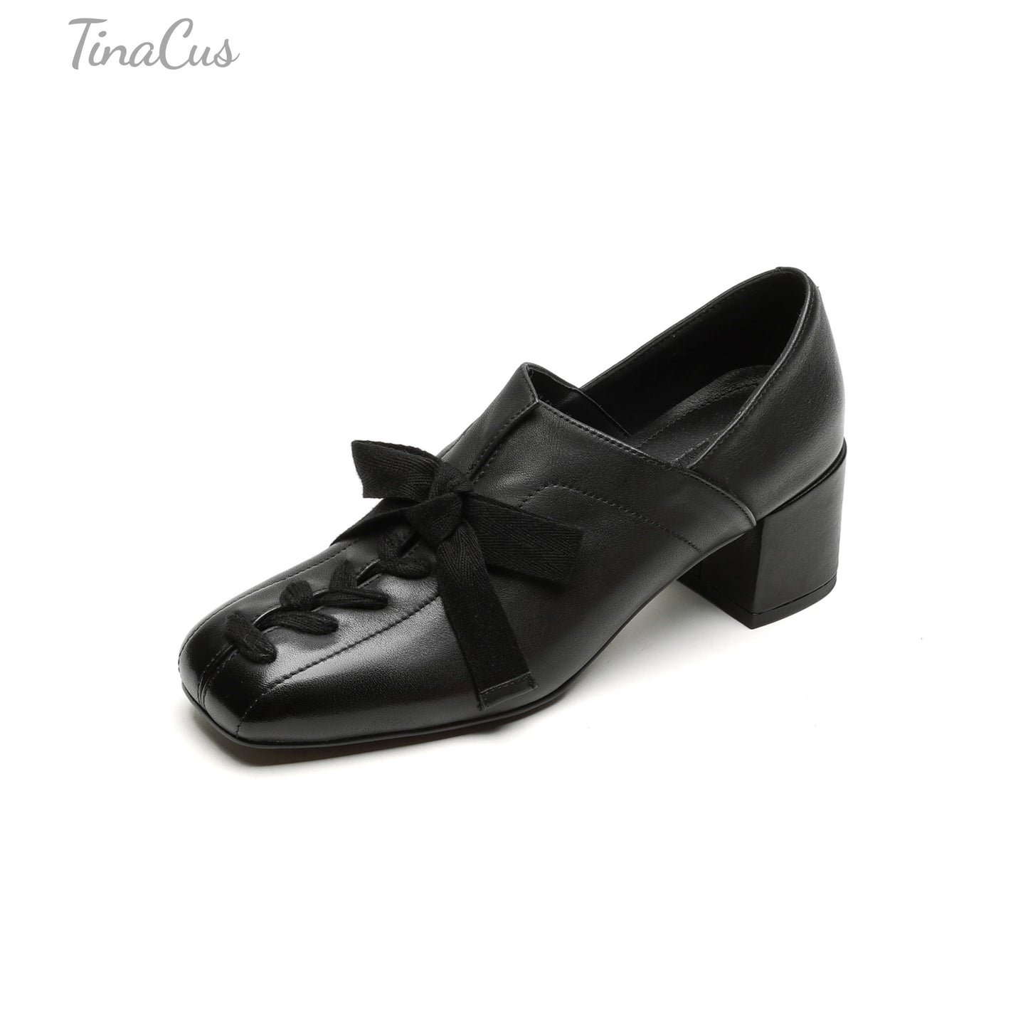 TinaCus Women's Square Toe Slip on Loafers Shoes Handmade Bowknot Chunky Heels Cute Pumps