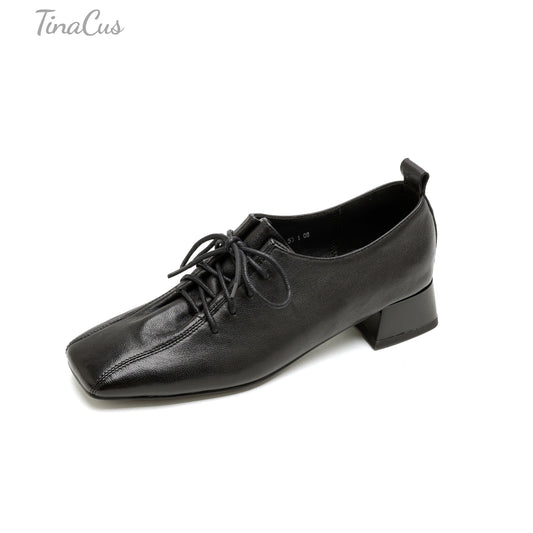 TinaCus Women's Square Toe Lace up Oxford Shoes Genuine Leather Handmade Low Chunky Heels
