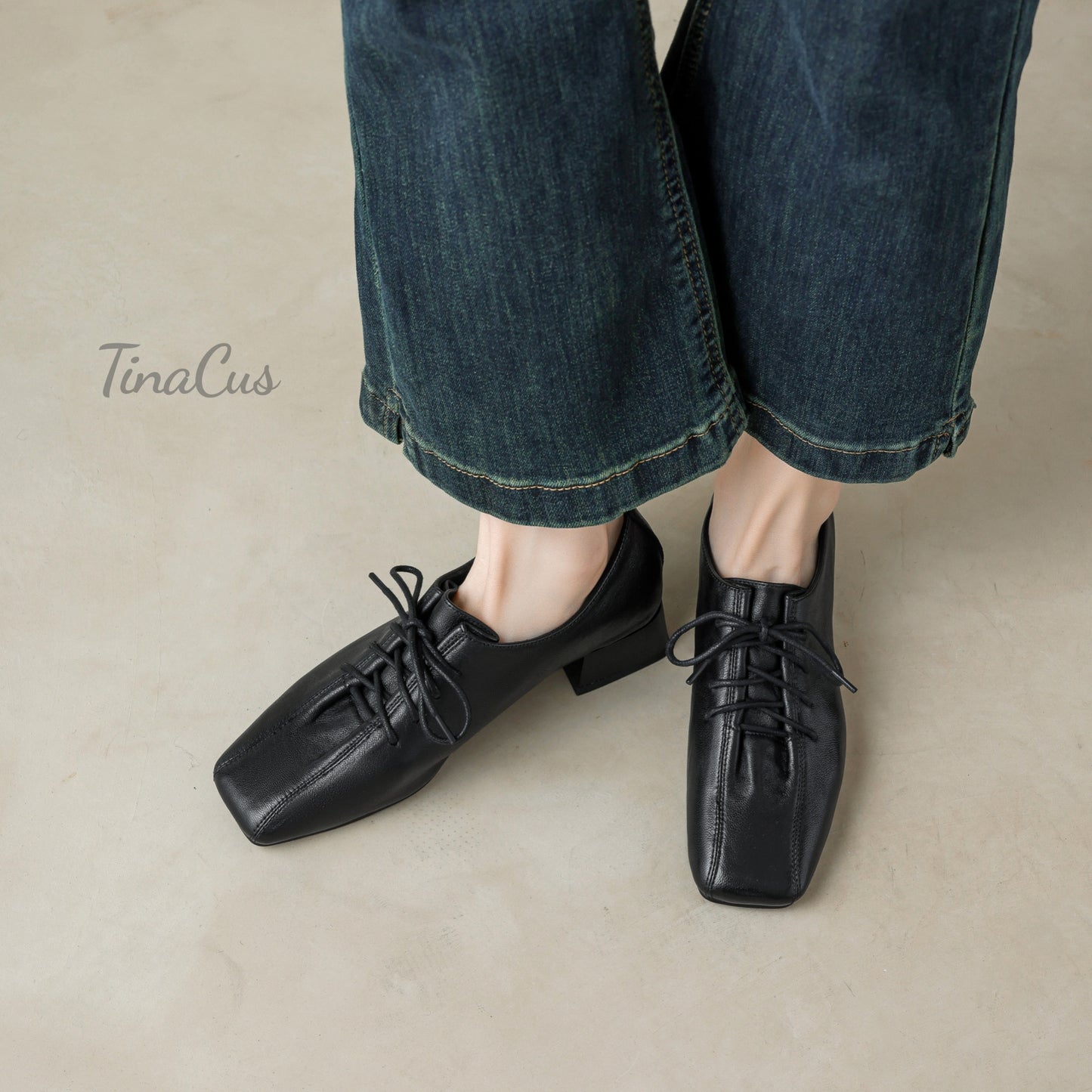 TinaCus Women's Square Toe Lace up Oxford Shoes Genuine Leather Handmade Low Chunky Heels