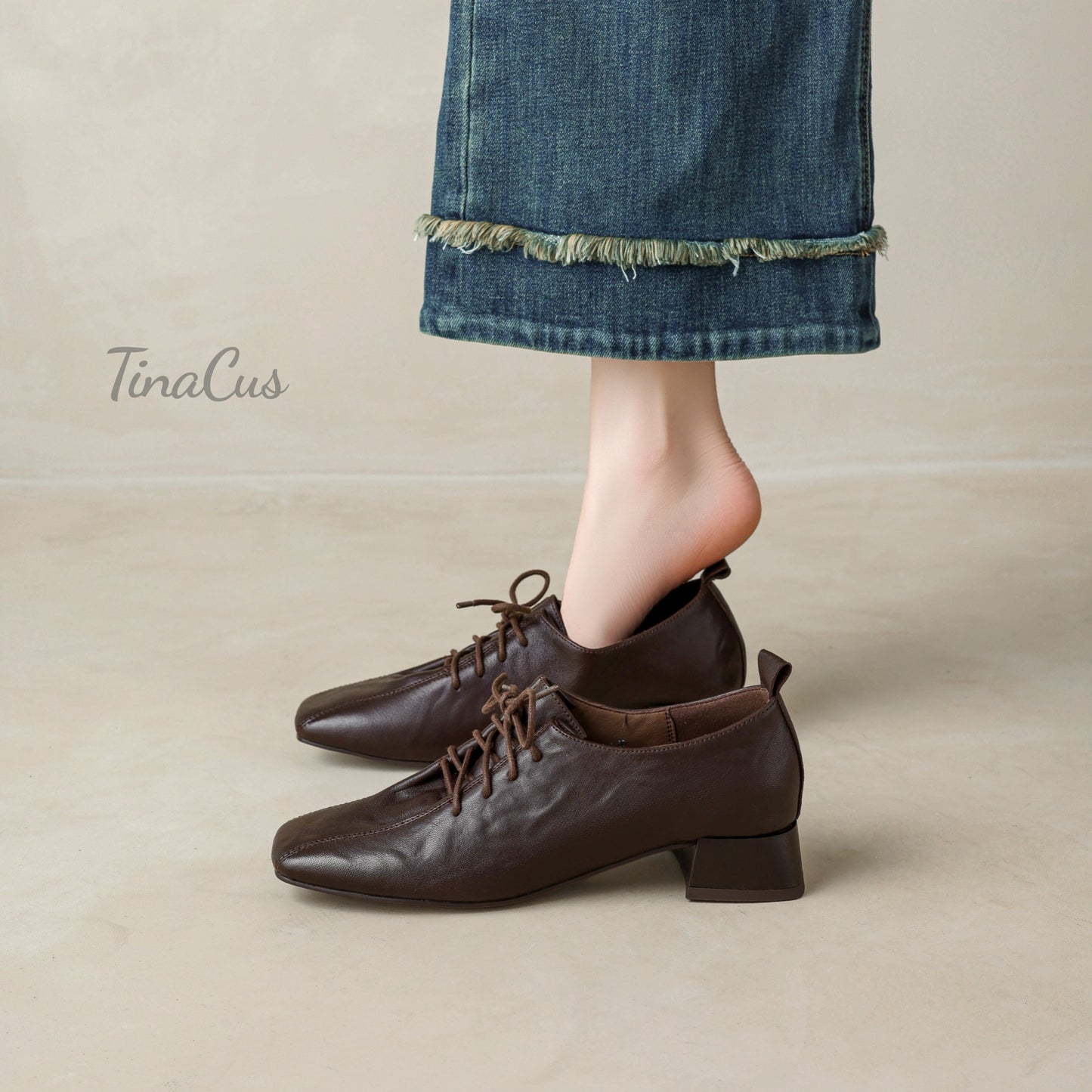 TinaCus Women's Square Toe Lace up Oxford Shoes Genuine Leather Handmade Low Chunky Heels