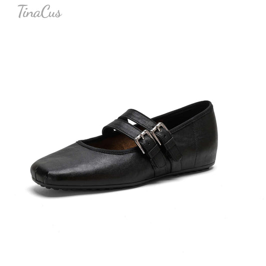 TinaCus Women's Mary Jane Handmade Genuine Leather Double Buckles Square Toe Ballet Flat Shoes